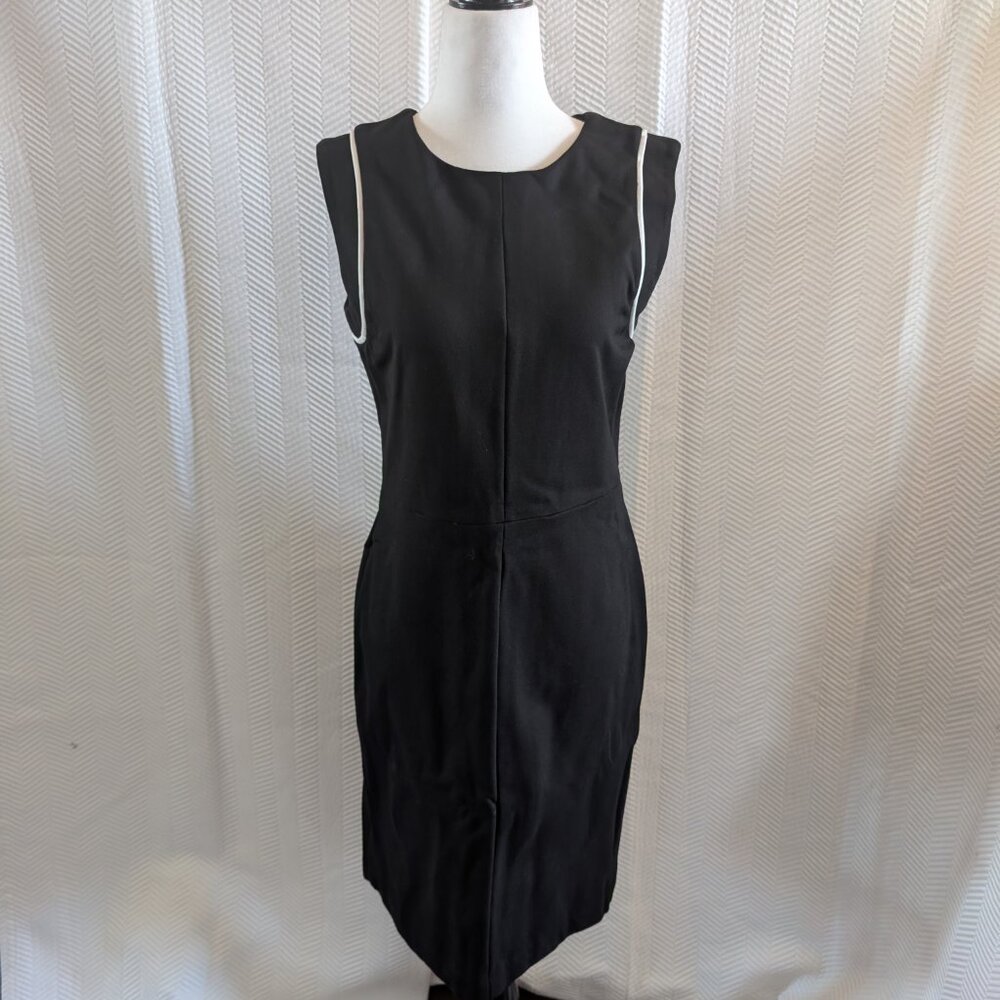 LUNA Black Sheath Dress  White Trim Gold Zip Back Size Large Minimalist Office